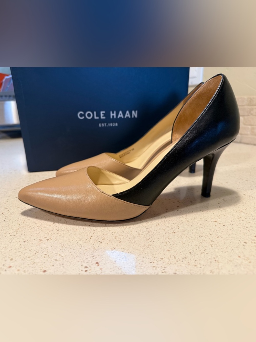 Cole Haan Tan and Black Leather Pointed-Toe Pumps